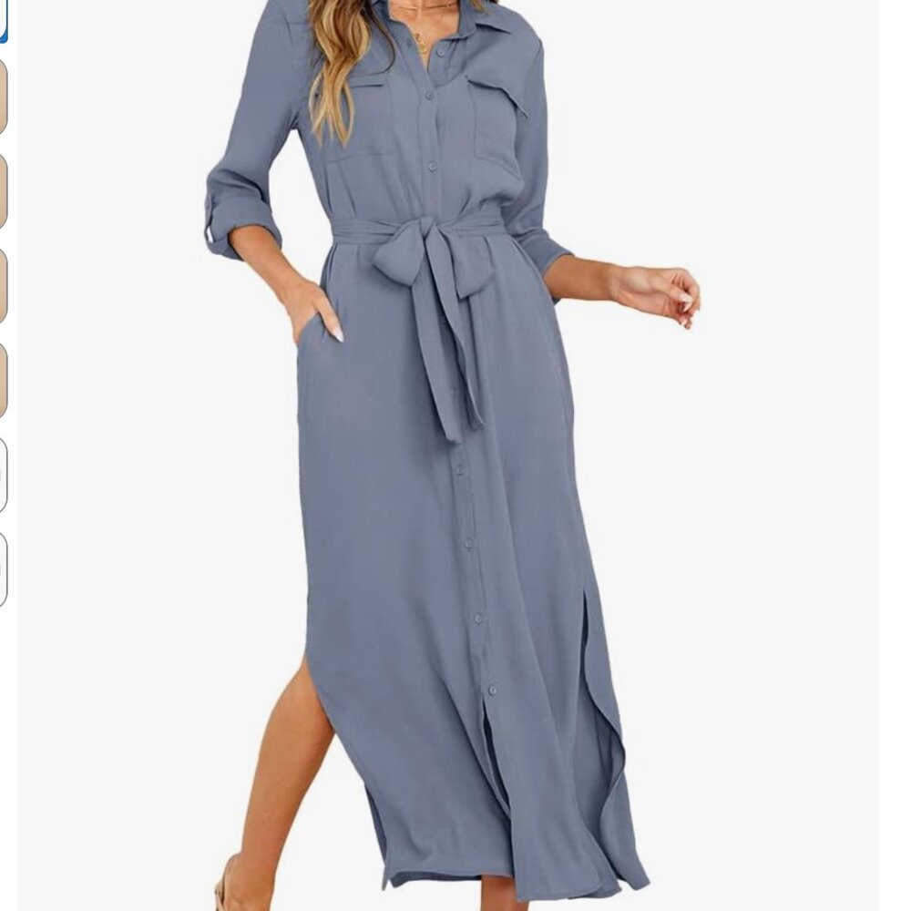 Slate Blue Women's Ankle Length Shirt Dress - Pockets! Size XL